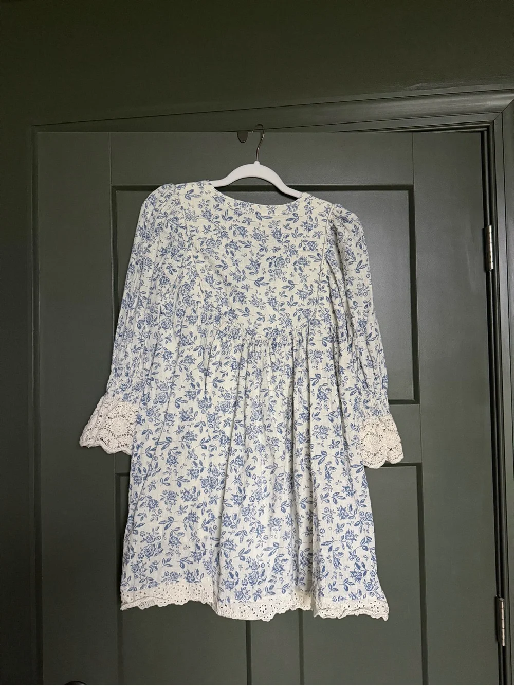 Olivaceous White Mini Dress with Blue Floral Print